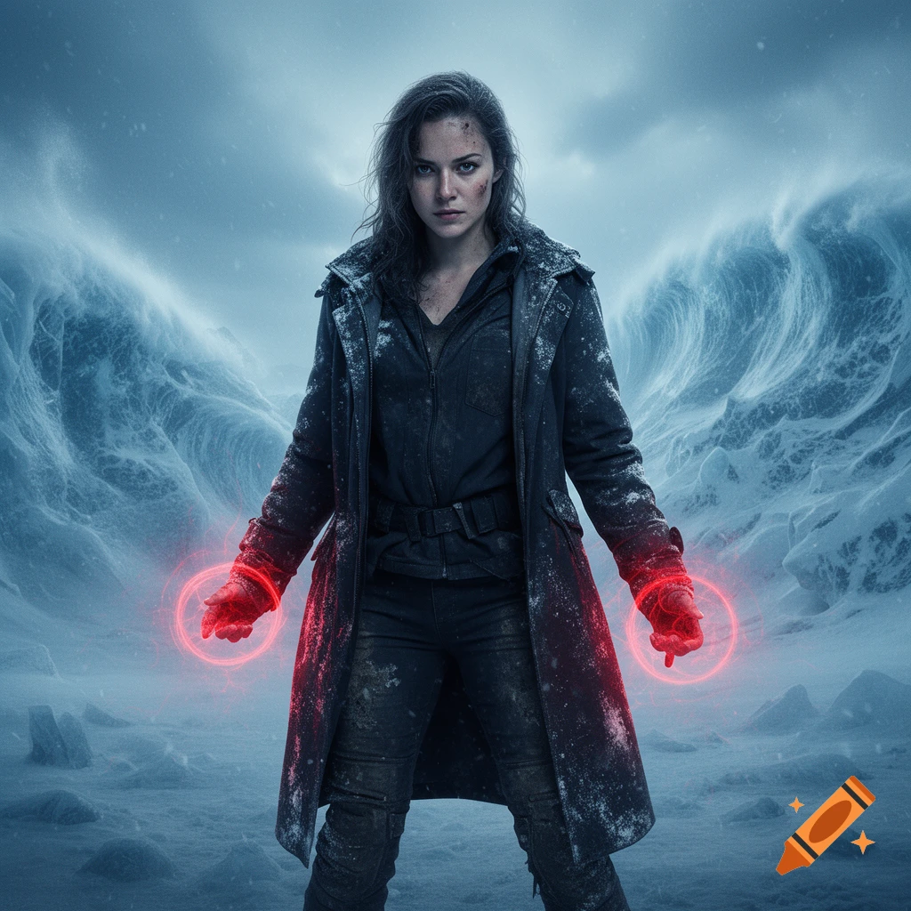 A determined woman in a dirty winter coat with red glowing energy hands stands in a snowy, post-apocalyptic landscape.