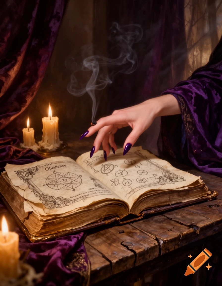 A woman's hand with long purple nails hovers over an open spell book on a wooden table, lit by candles and rising smoke. The book displays 'Obedience' and arcane symbols.