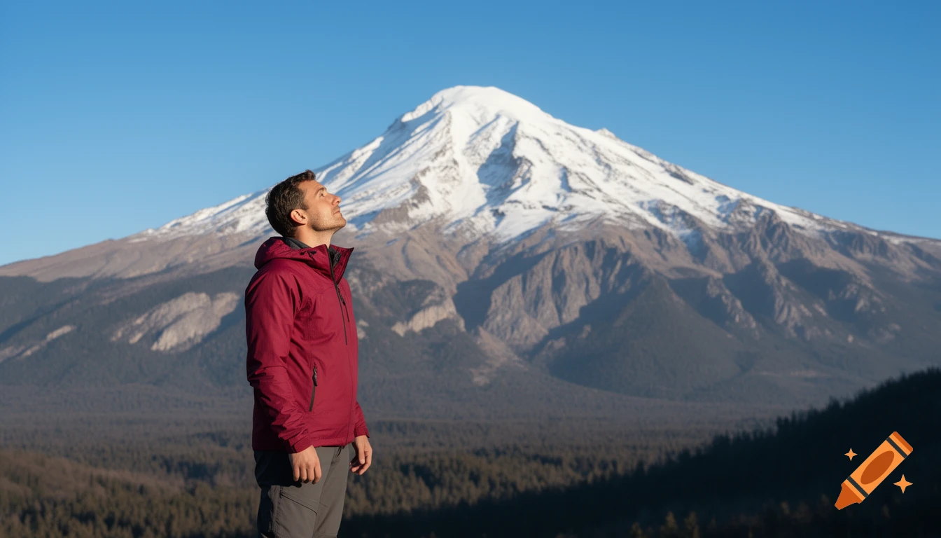 A man in a red jacket stands looking up at a snow-capped mountain under a clear blue sky.