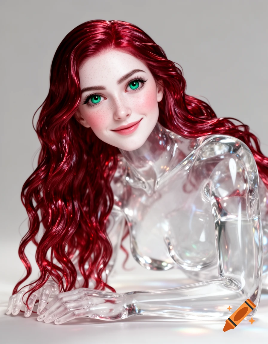 A photorealistic portrait of a beautiful woman with long wavy ruby-red hair and striking green eyes, with a transparent crystal-like body, reclining and smiling at the viewer.