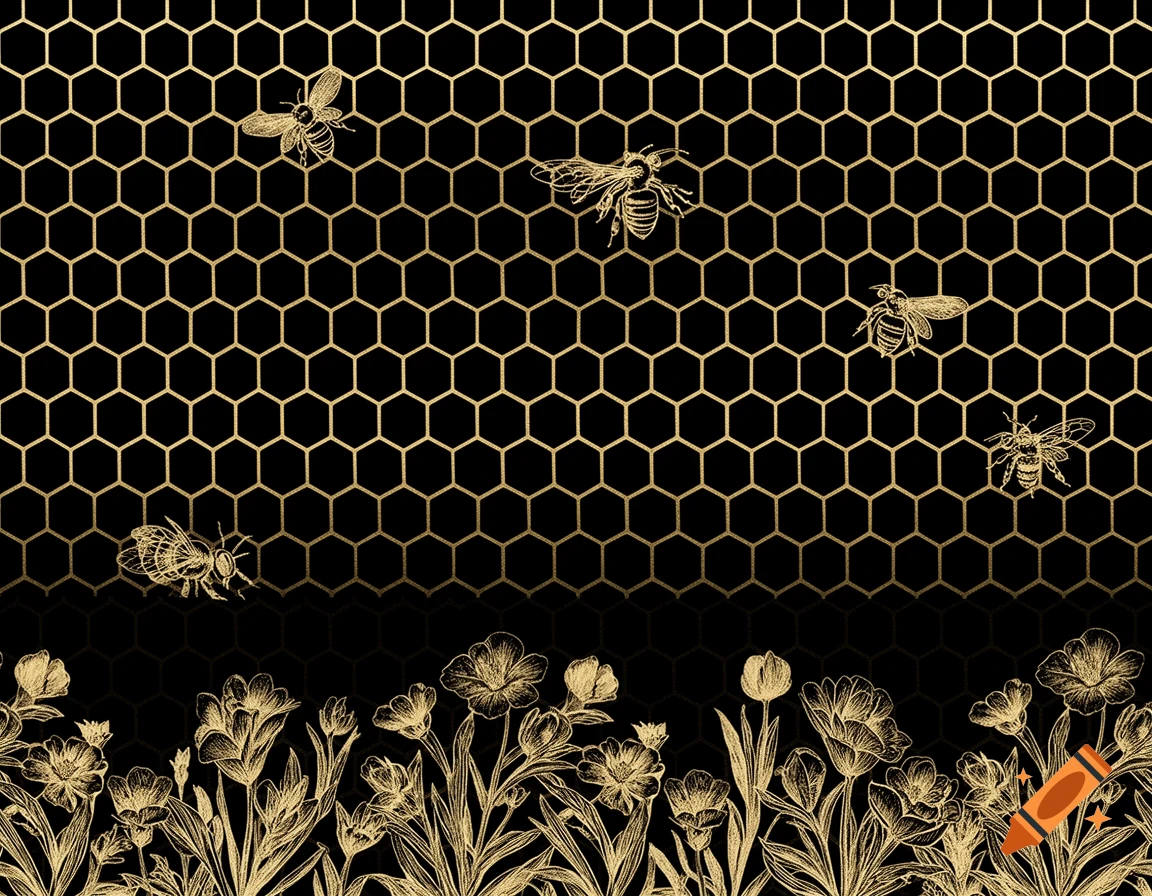 Stylized golden bees fly over a black honeycomb pattern, with golden flowers blooming along the bottom.