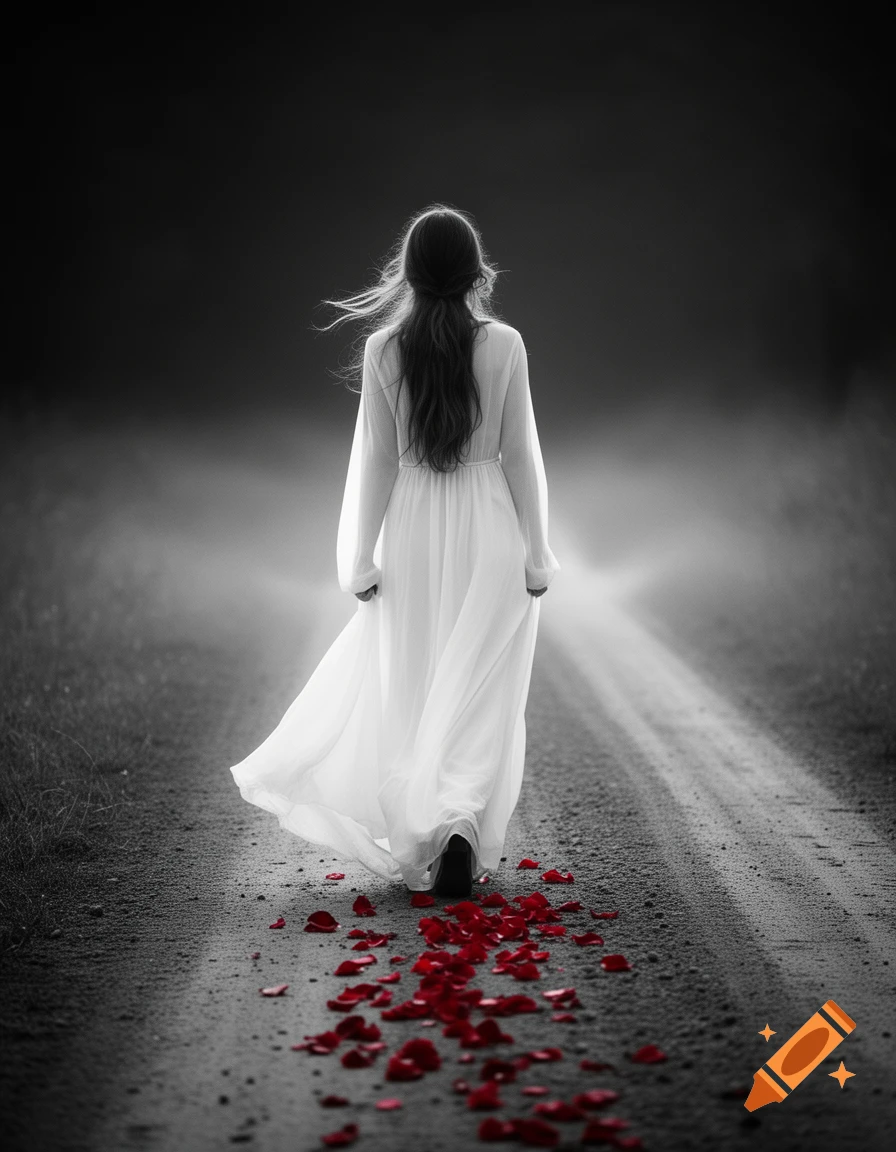 A woman in a flowing white dress walks on a dirt road, leaving a trail of red rose petals. The image is black and white with selective red.