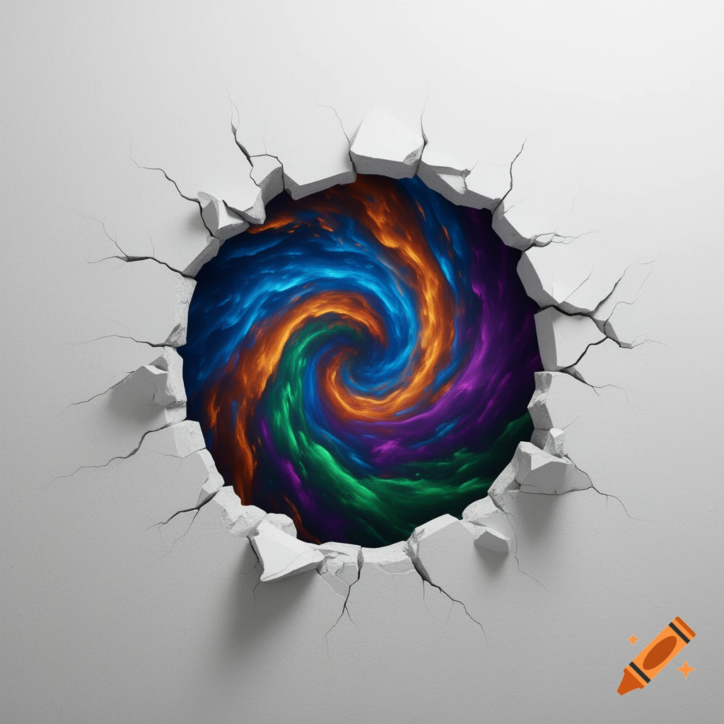 A jagged hole in a white wall reveals a swirling vortex of blue, orange, green, and purple colors.