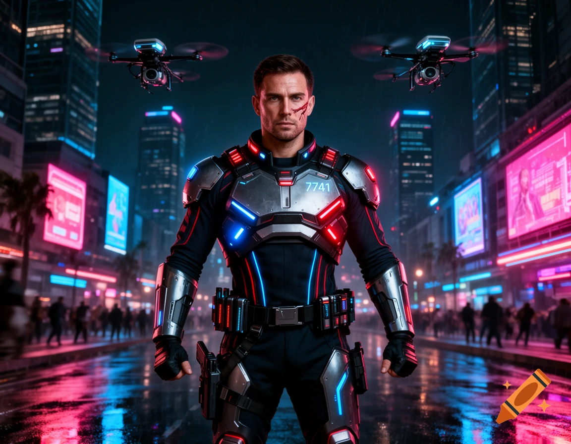 A man in glowing futuristic armor stands in a wet, neon-lit cyberpunk city street at night, with two drones flying above.
