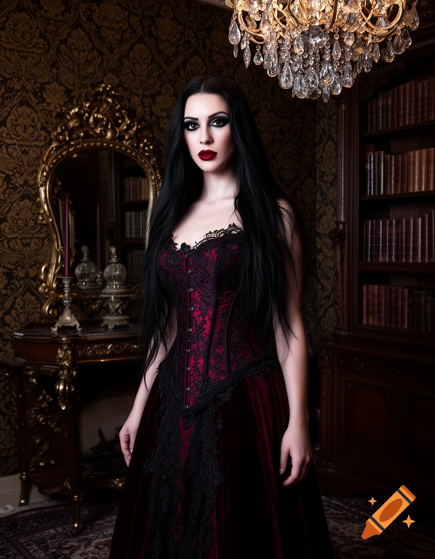 Photorealistic portrait of a gothic woman with long black hair, wearing a red and black corset dress, standing in an ornate room.
