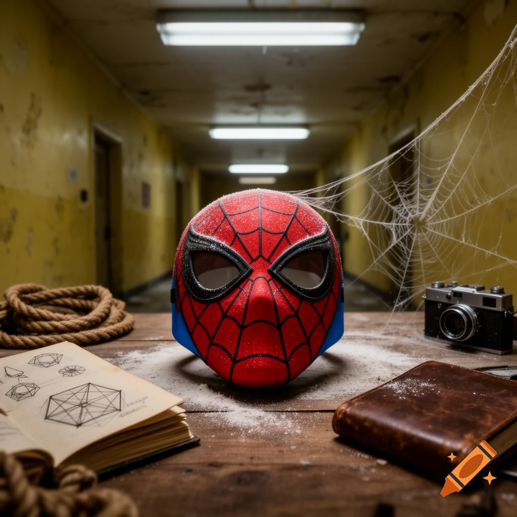 Photorealistic still life of a dusty Spider-Man mask on a table with a book, rope, vintage camera, and spiderweb in a yellow, decaying hallway.
