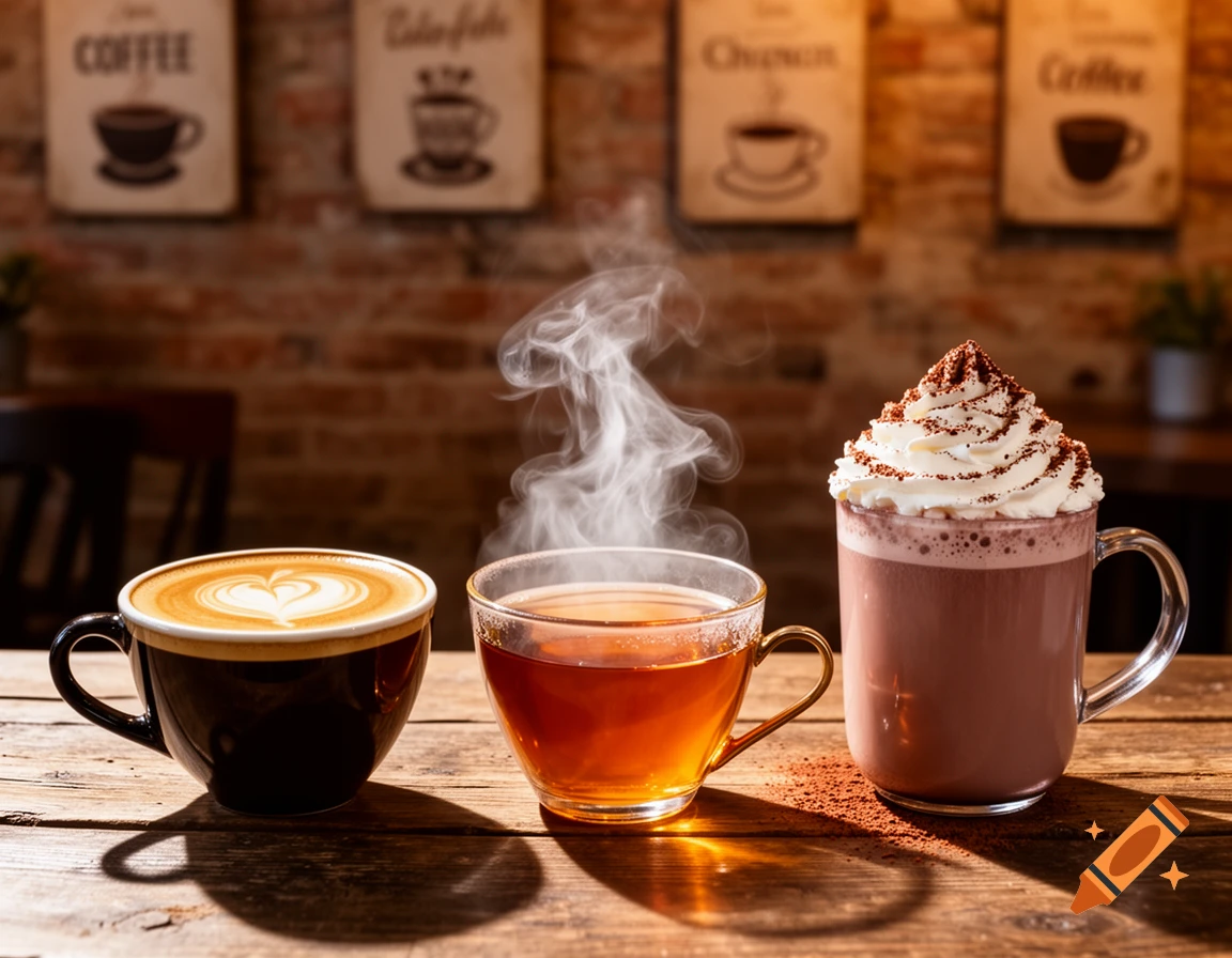 A latte with heart art, a steaming glass of tea, and a hot chocolate with whipped cream on a wooden table in a cafe.