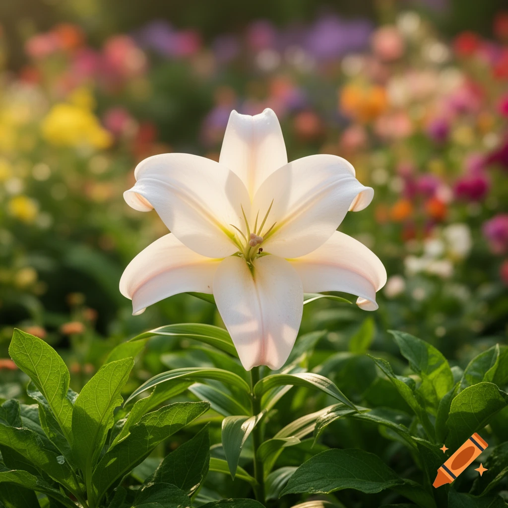 Close-up of a radiant white lily flower blooming in a colorful, soft-focus garden.