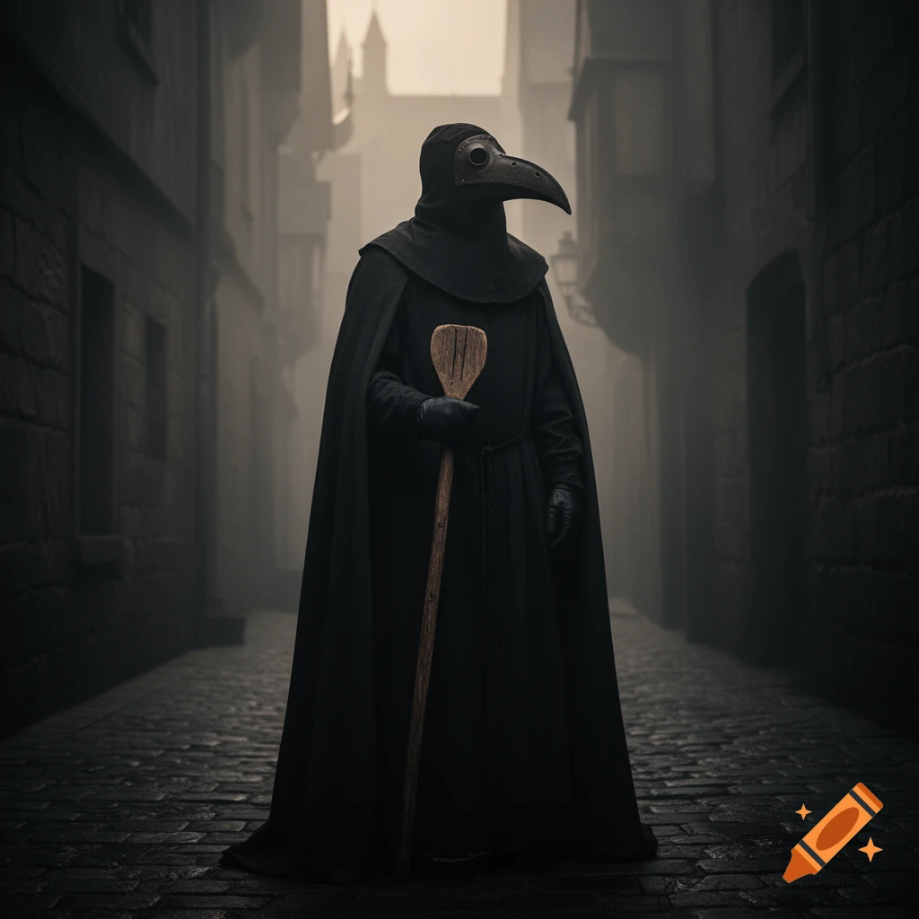 A plague doctor in a black cloak and bird-like mask stands in a dark, foggy cobblestone alley, holding a wooden paddle.
