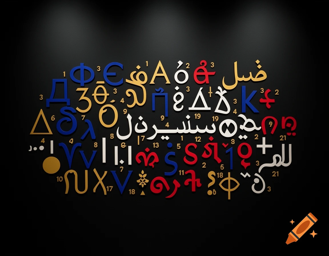 Colorful stylized alphanumeric characters, including Greek, Georgian, Arabic, and other symbols, with small numbers scattered among them, on a dark background.