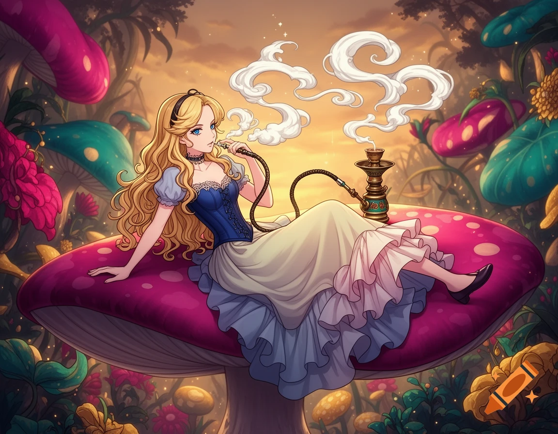 Adult Alice in Wonderland in an anime style, sitting on a large pink mushroom and smoking a hookah in a whimsical forest.