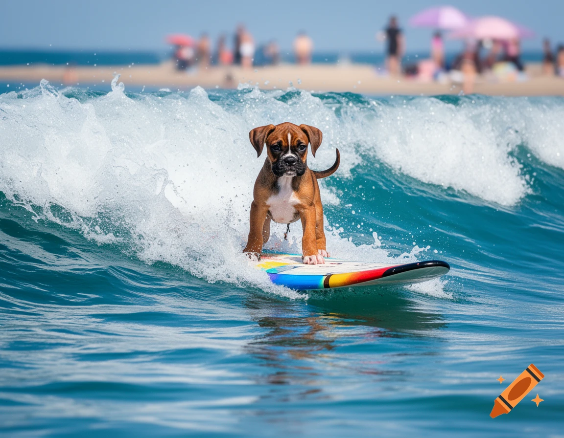 A brown and white boxer puppy stands on a colorful surfboard, riding a large wave in the ocean with a beach in the background.