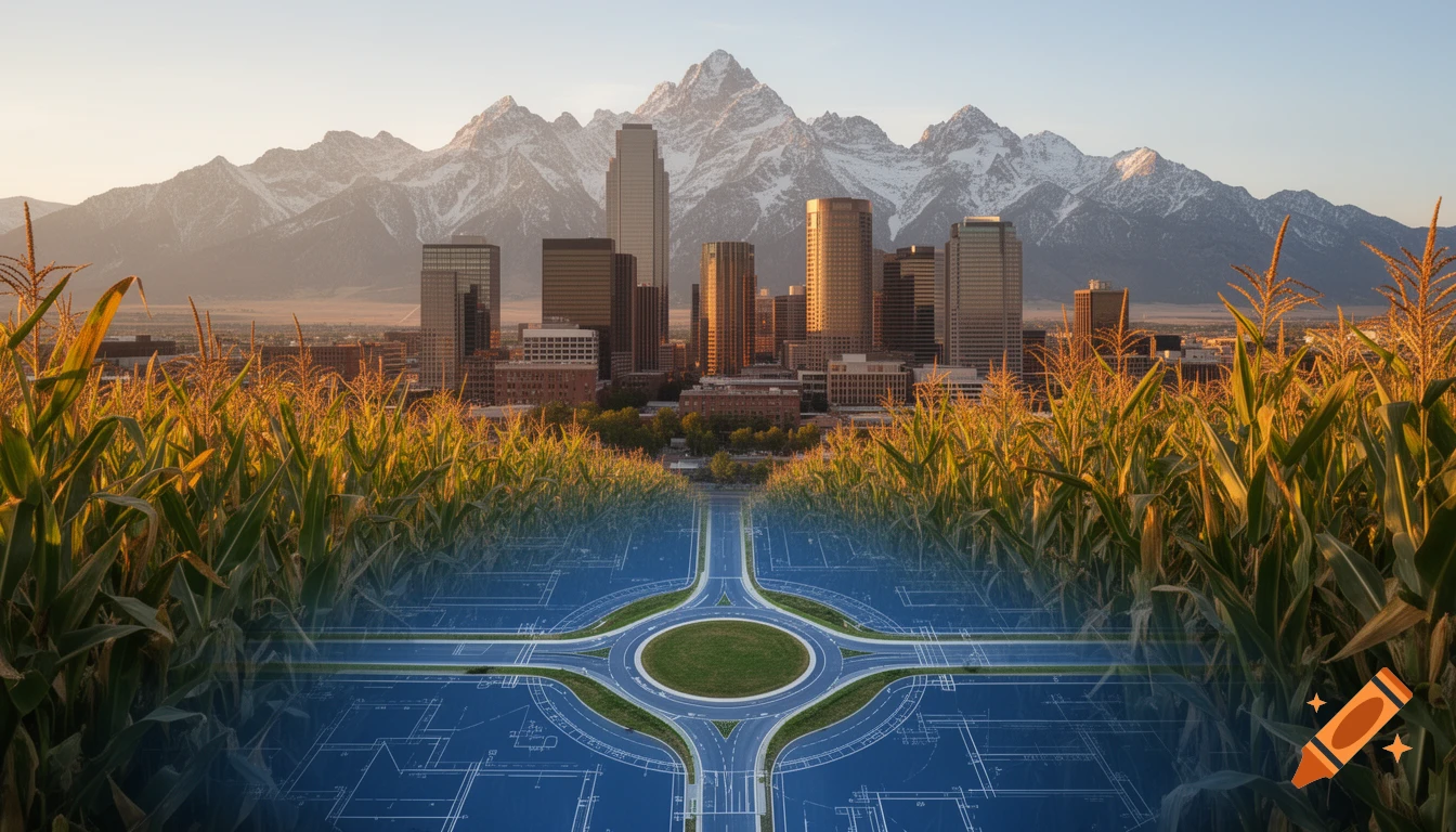 A composite image showing a cornfield blending into a blueprint of a roundabout, with a city skyline and mountains in the background.