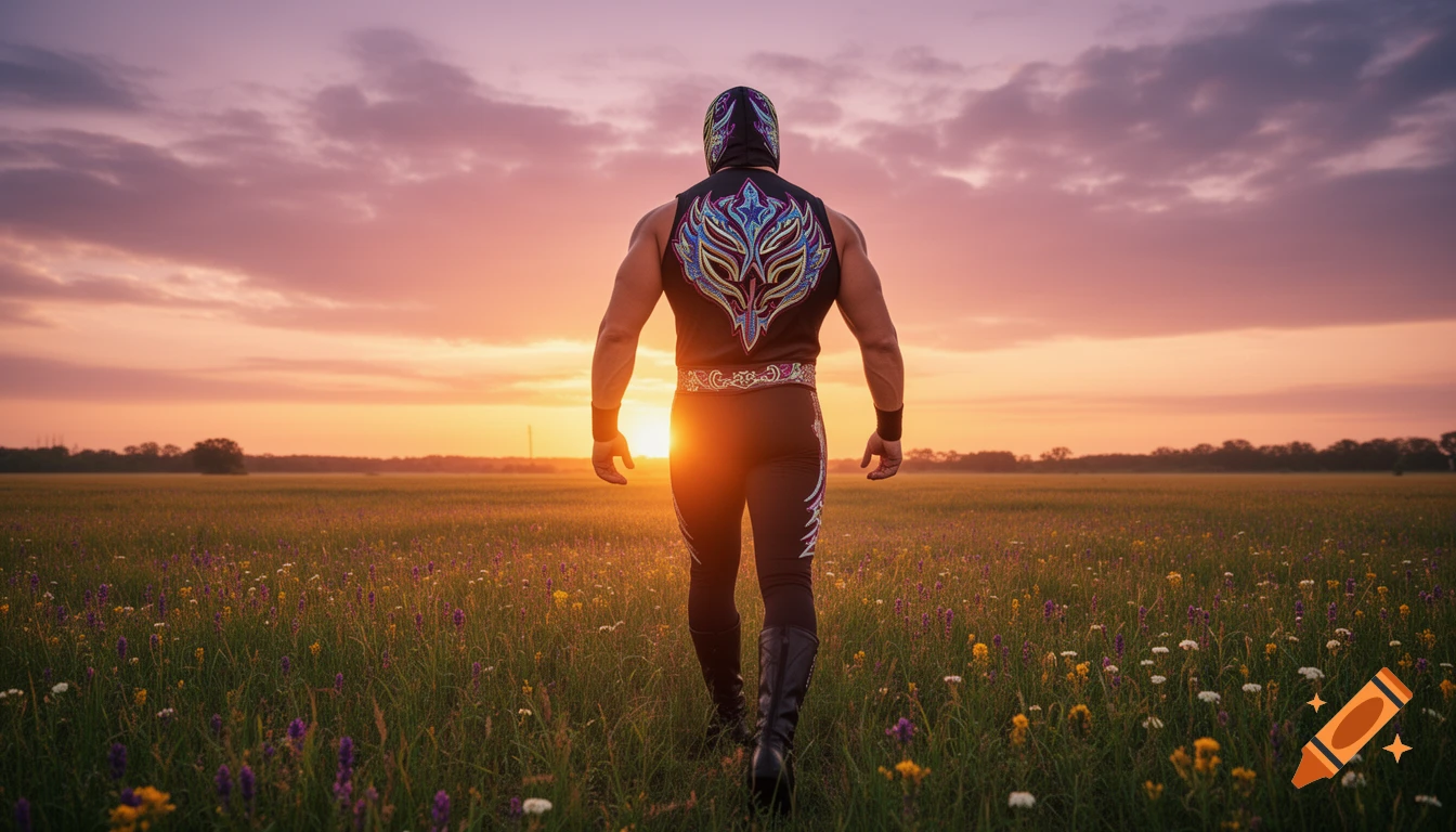 A masked wrestler walks away into a vibrant sunset over a grassy field with wildflowers. Photorealistic.