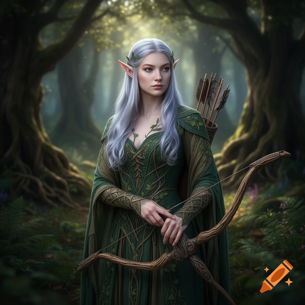 A photorealistic fantasy image of an elf woman with long silver hair and pointy ears, dressed in green, holding a bow in an enchanted forest.