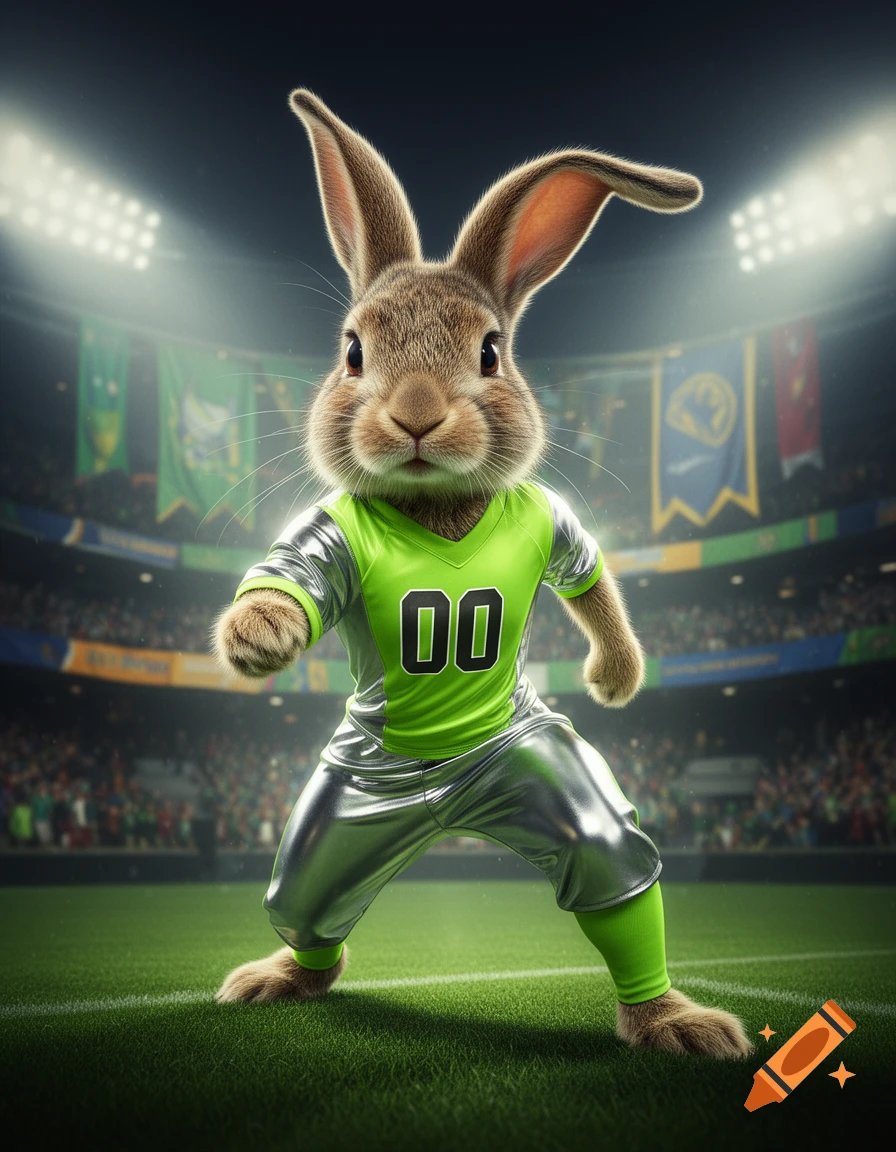 A heroic rabbit athlete wearing a neon green and silver jersey with '00' on a brightly lit sports stadium field.