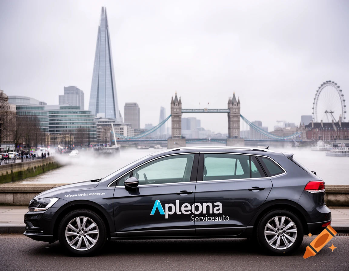 A grey car with "Apleona Serviceauto" branding parked on a street with the London skyline, including The Shard and Tower Bridge, in the background.