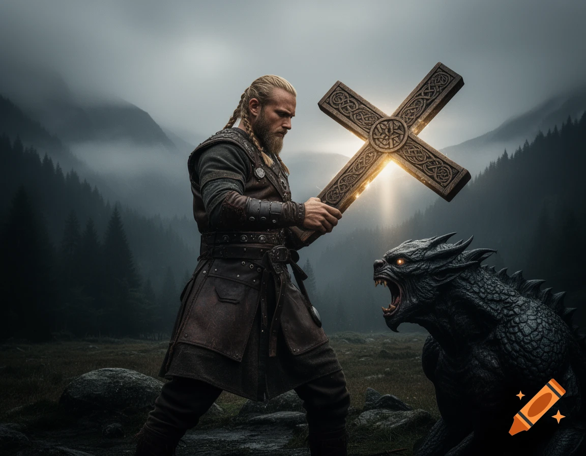 A bearded Viking warrior, resembling Ragnar Lothbrok, holds up a glowing, ornate cross against a roaring dragon in a misty mountain landscape.