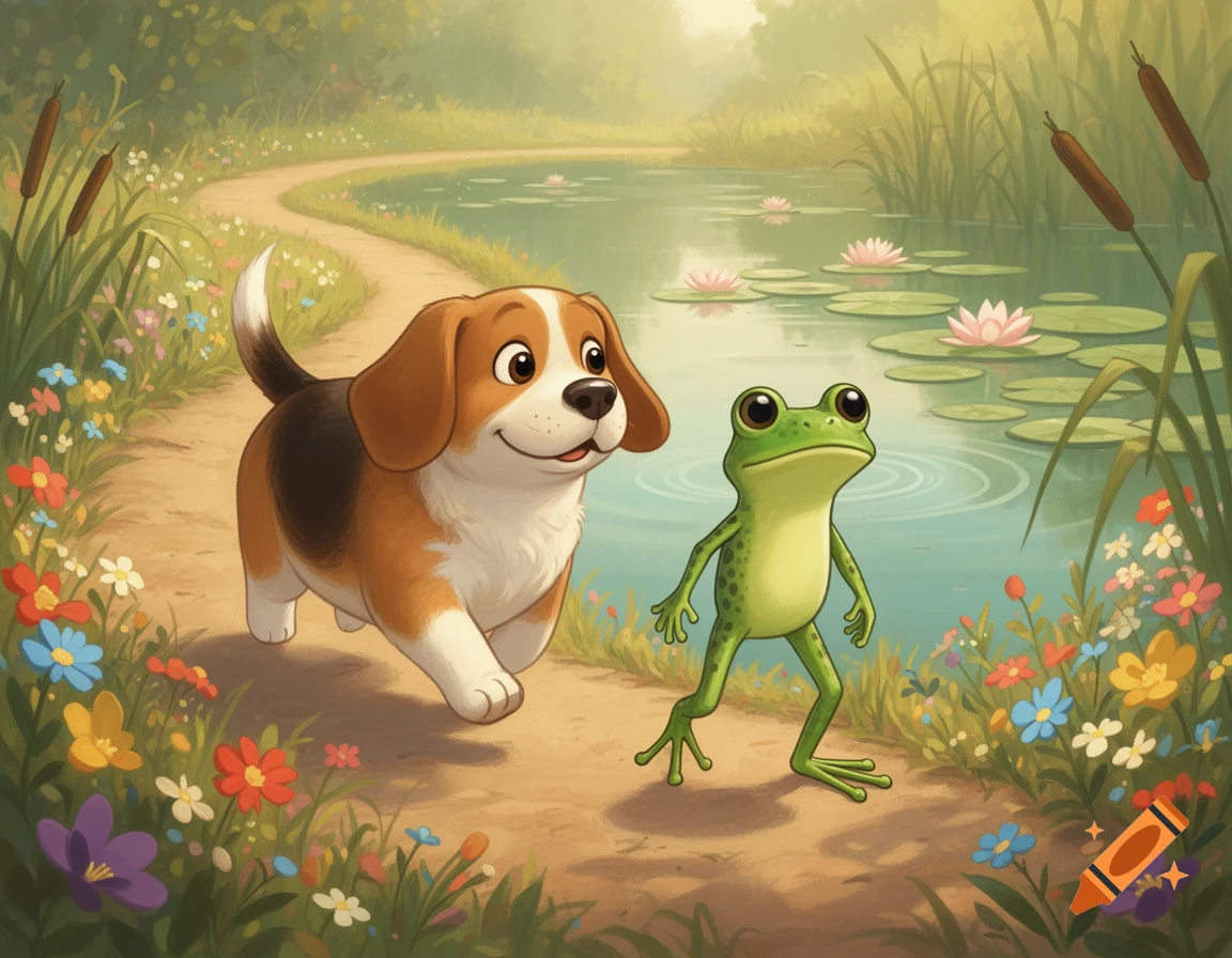 A cute beagle dog and a green frog walk together on a path beside a pond with lily pads and colorful flowers, in a children's book illustration style.