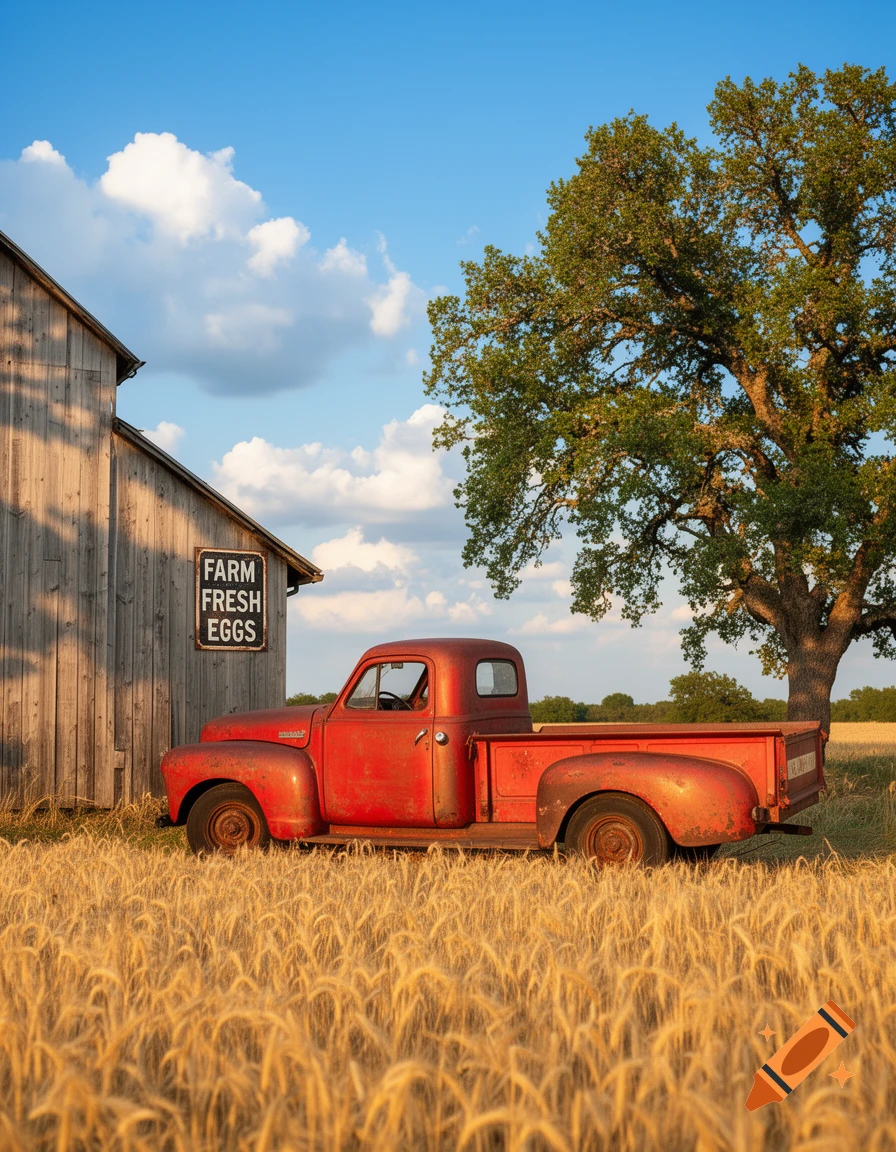A rustic red vintage pickup truck parked beside a wooden barn in a golden wheat field under a clear blue sky with fluffy clouds.