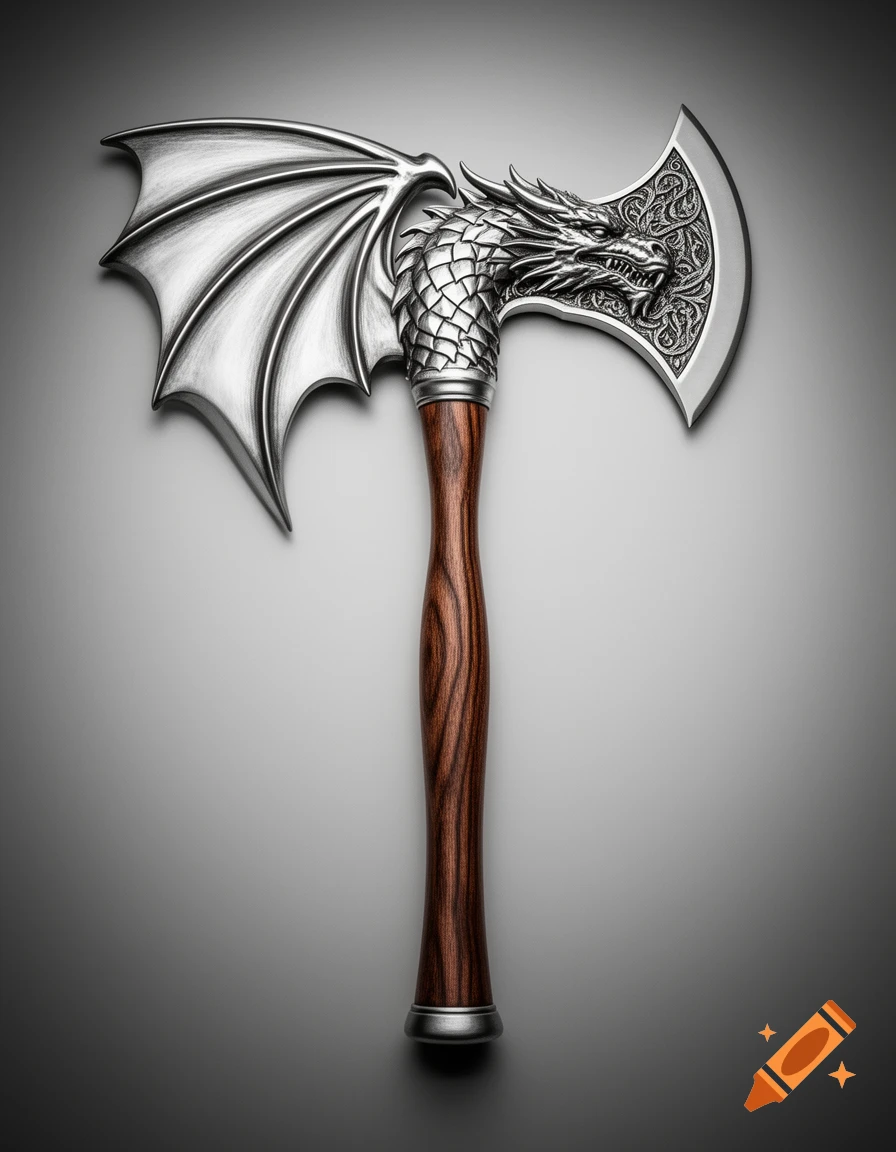 An intricately designed silver battle axe with a dragon head and wings forming the blade, set against a grey background.
