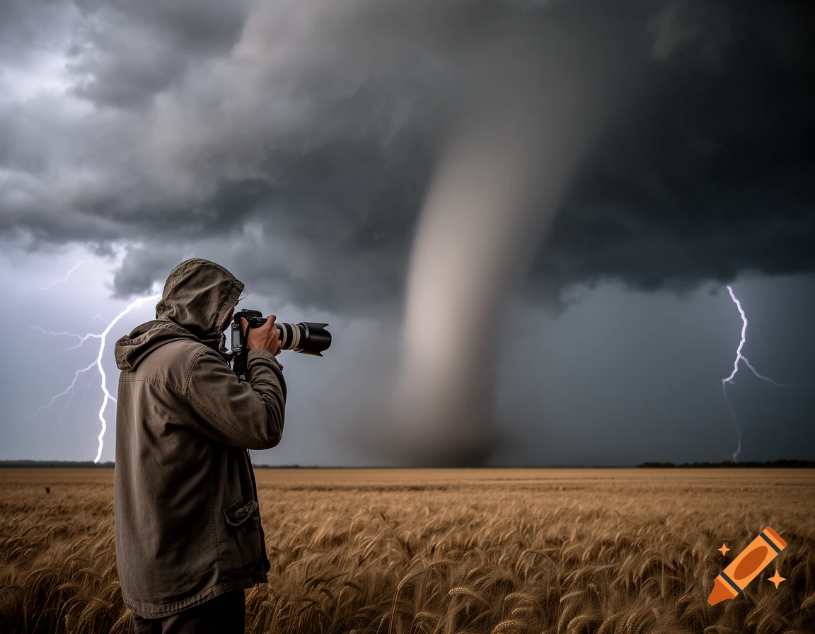 A person in a hooded jacket photographs a large tornado and lightning in a stormy sky over a golden wheat field.