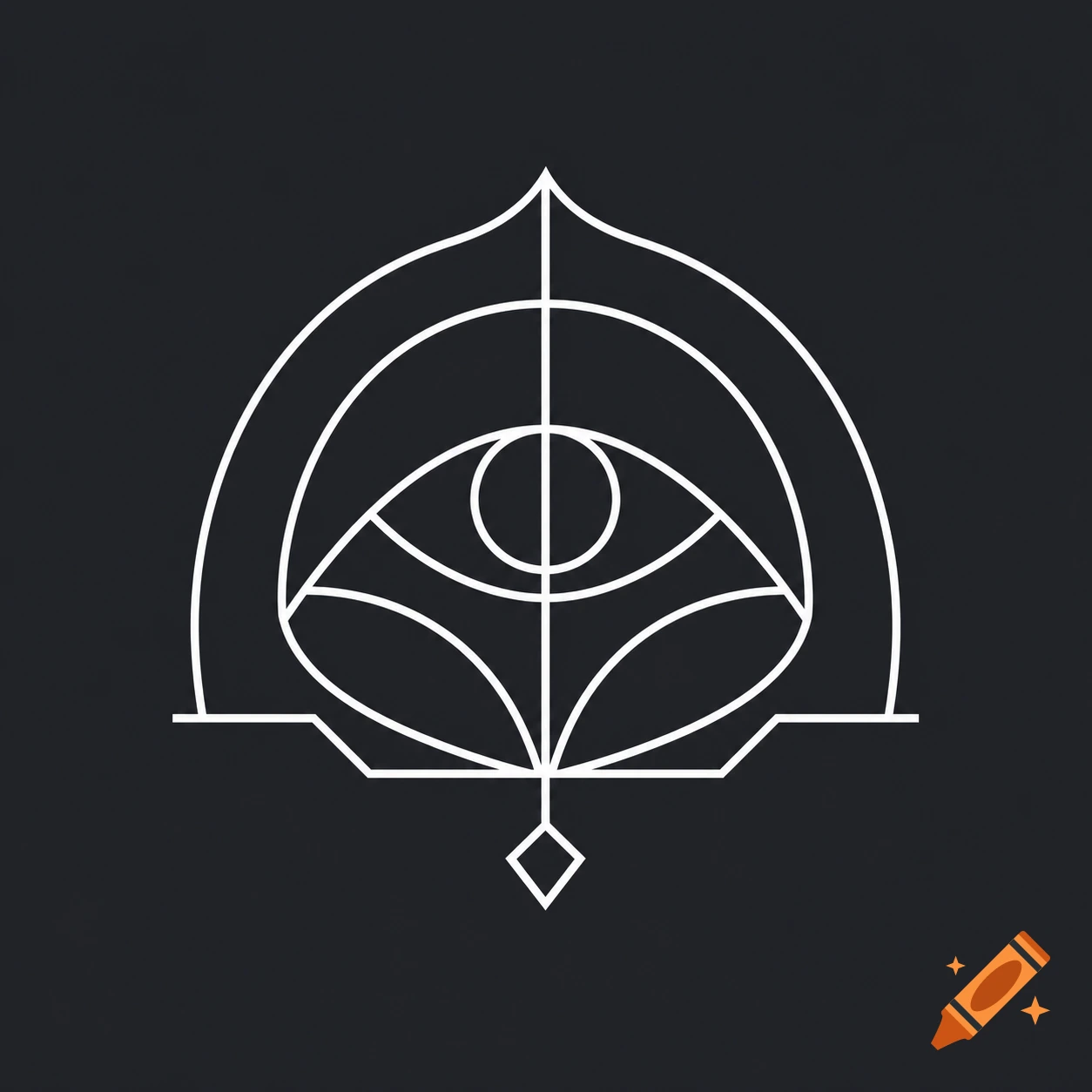 A sleek, symmetric, white-lined abstract emblem resembling an eye or rune on a dark gray background, in a flat vector graphic style.