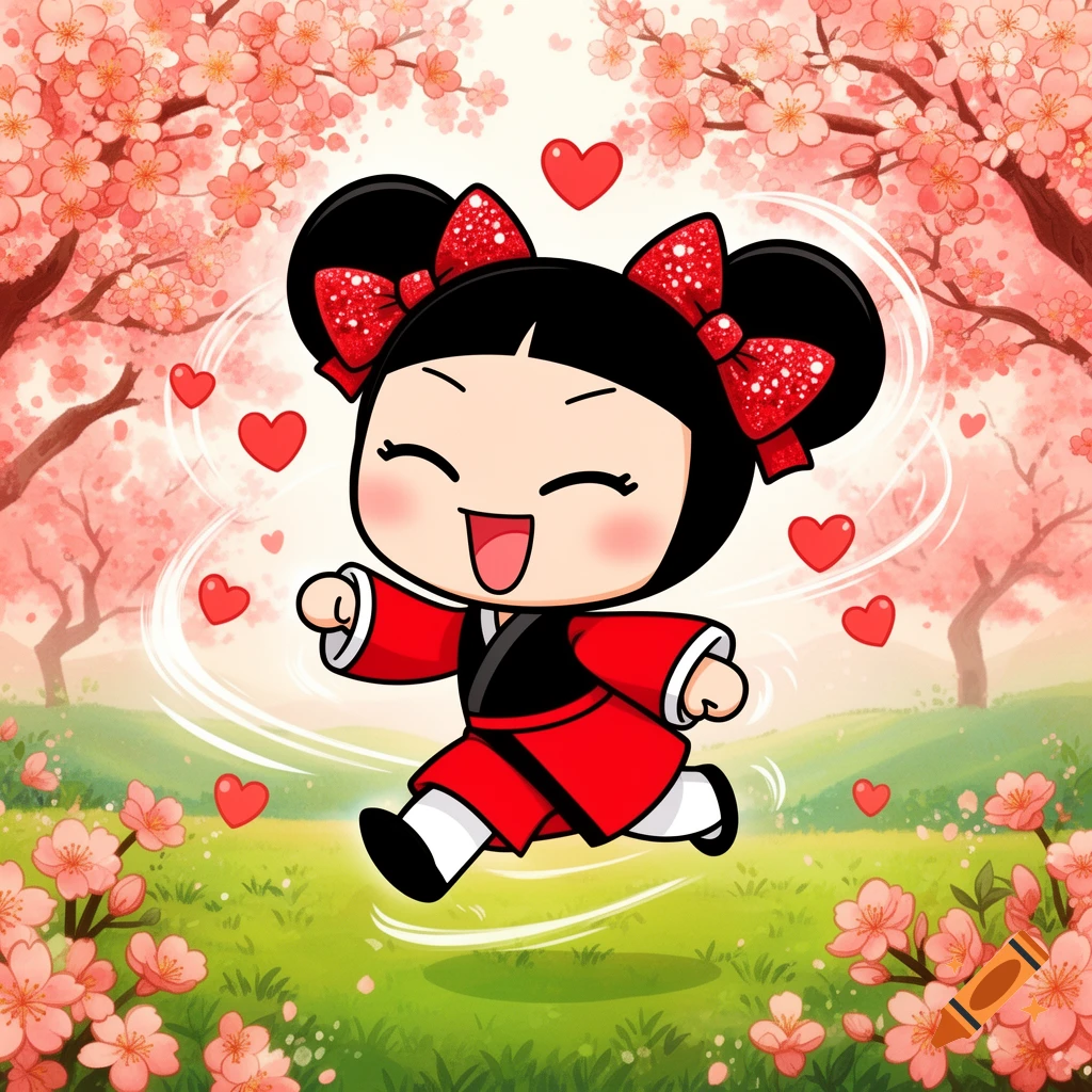 A joyful cartoon character, Pucca, with black hair and red bows, runs through a vibrant cherry blossom garden with hearts floating around her in an anime style.