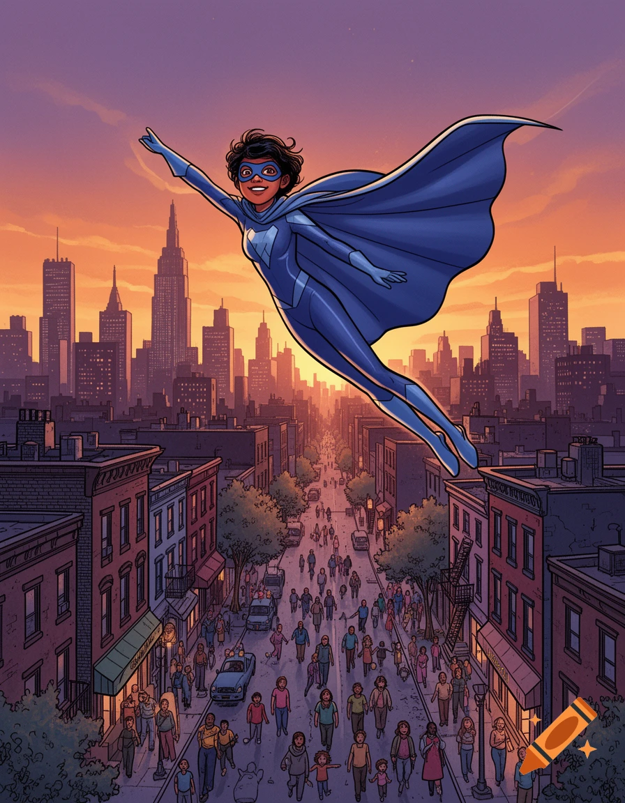 A confident female superhero in a blue suit and cape flies over a bustling city street at sunset, against a vibrant sky.