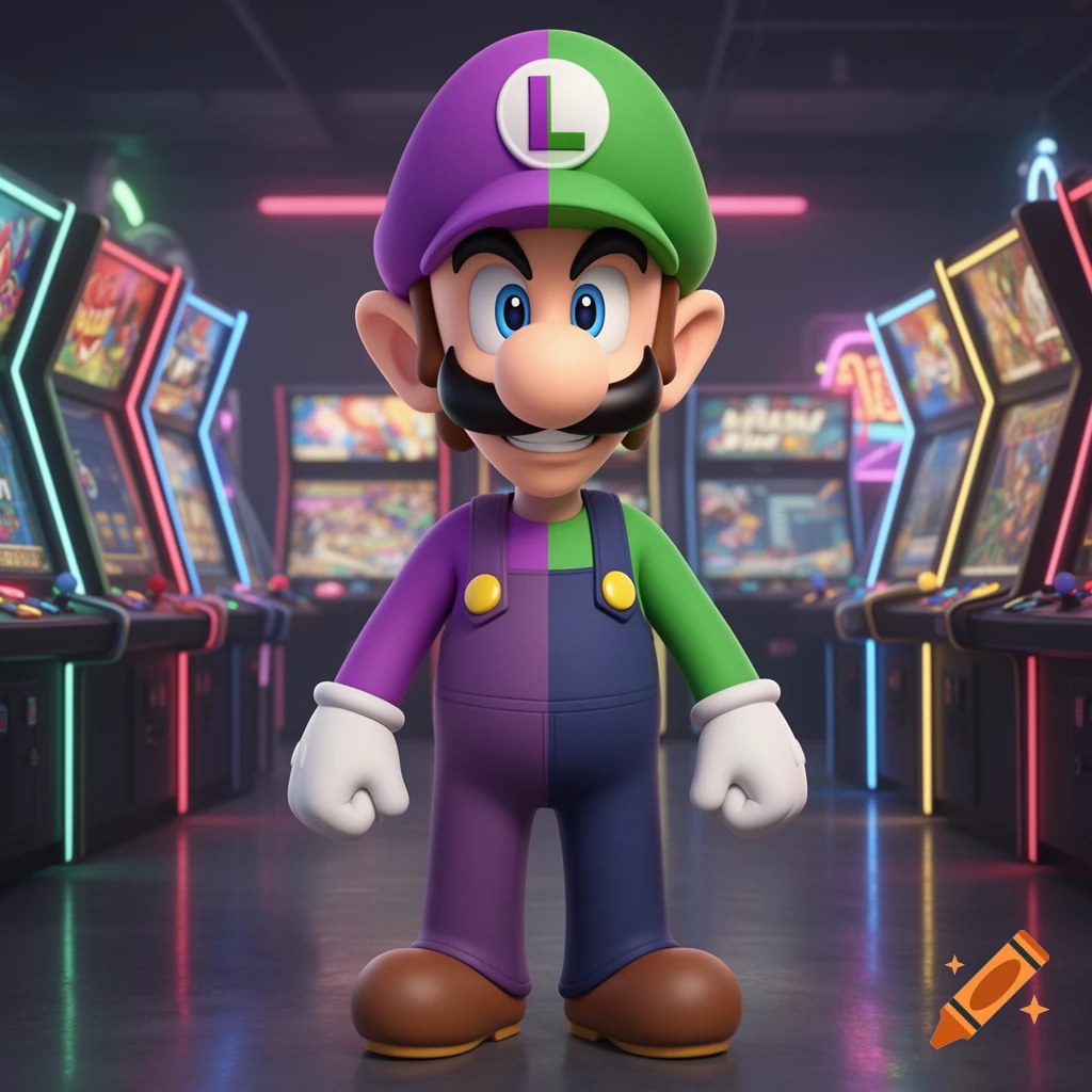 A 3D rendered character, a fusion of Luigi and Waluigi, stands in a brightly lit arcade with neon-lit game machines.