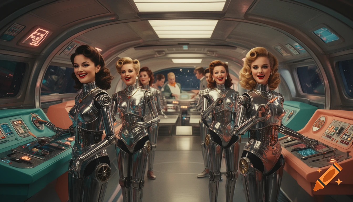 Five 1950s pin-up style robot women with retro hairstyles stand in a vintage-futuristic spaceship bridge, two at control panels.