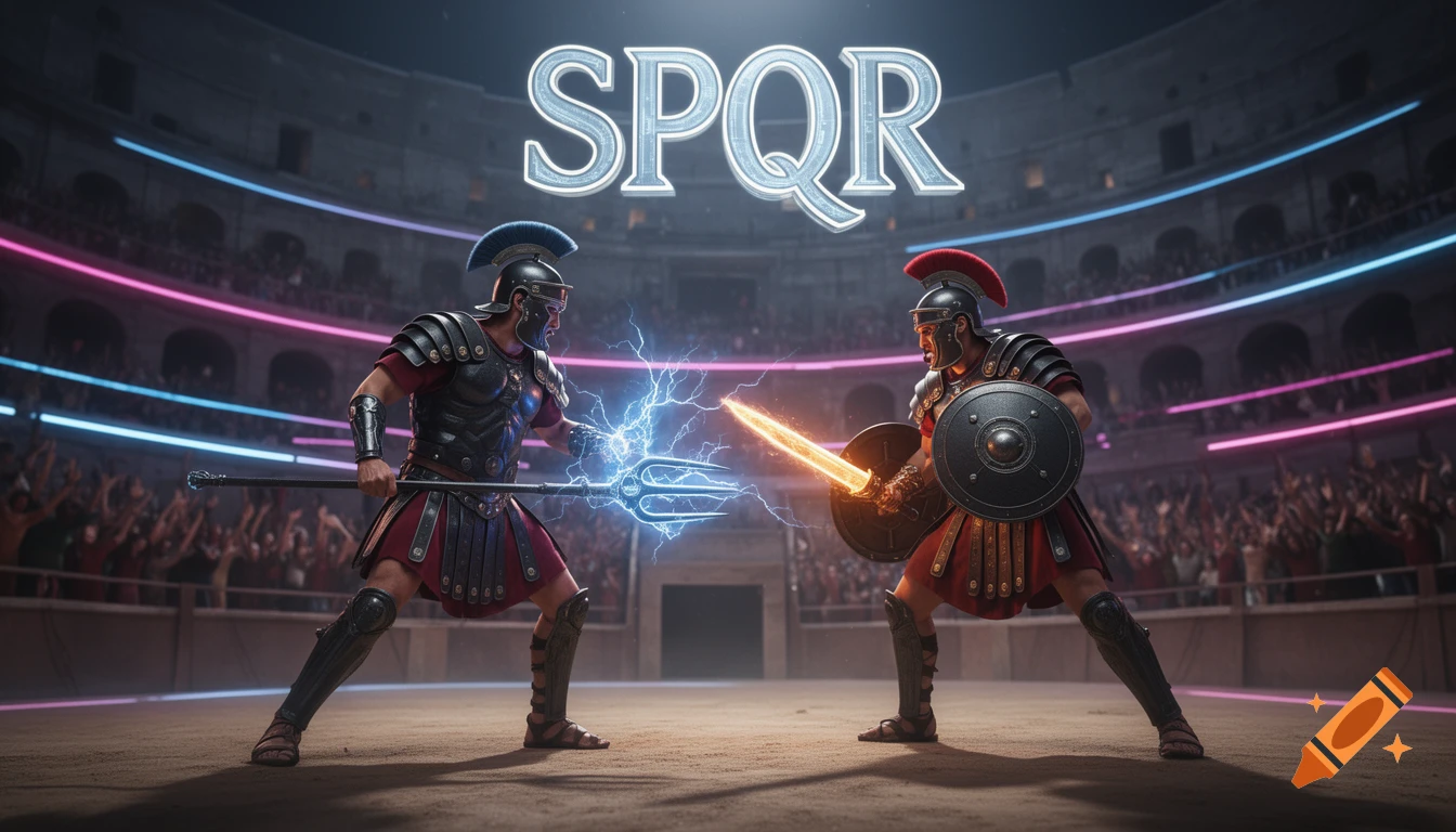 Two gladiators in futuristic Roman armor battle in a neon-lit arena with a holographic 'SPQR' logo. One wields a lightning trident, the other a glowing sword.