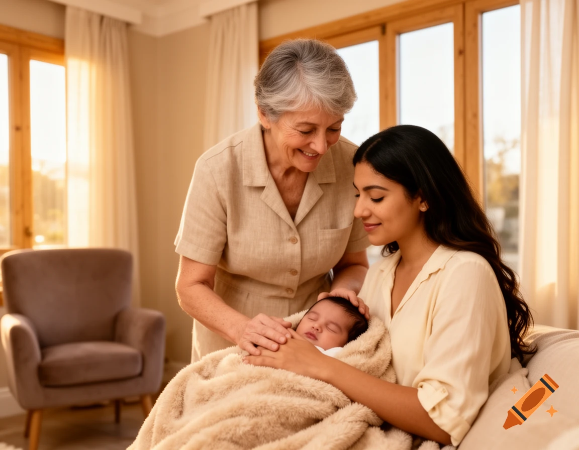 A grandmother and mother smiling at a sleeping newborn baby wrapped in a blanket, in a warm, sunlit room.
