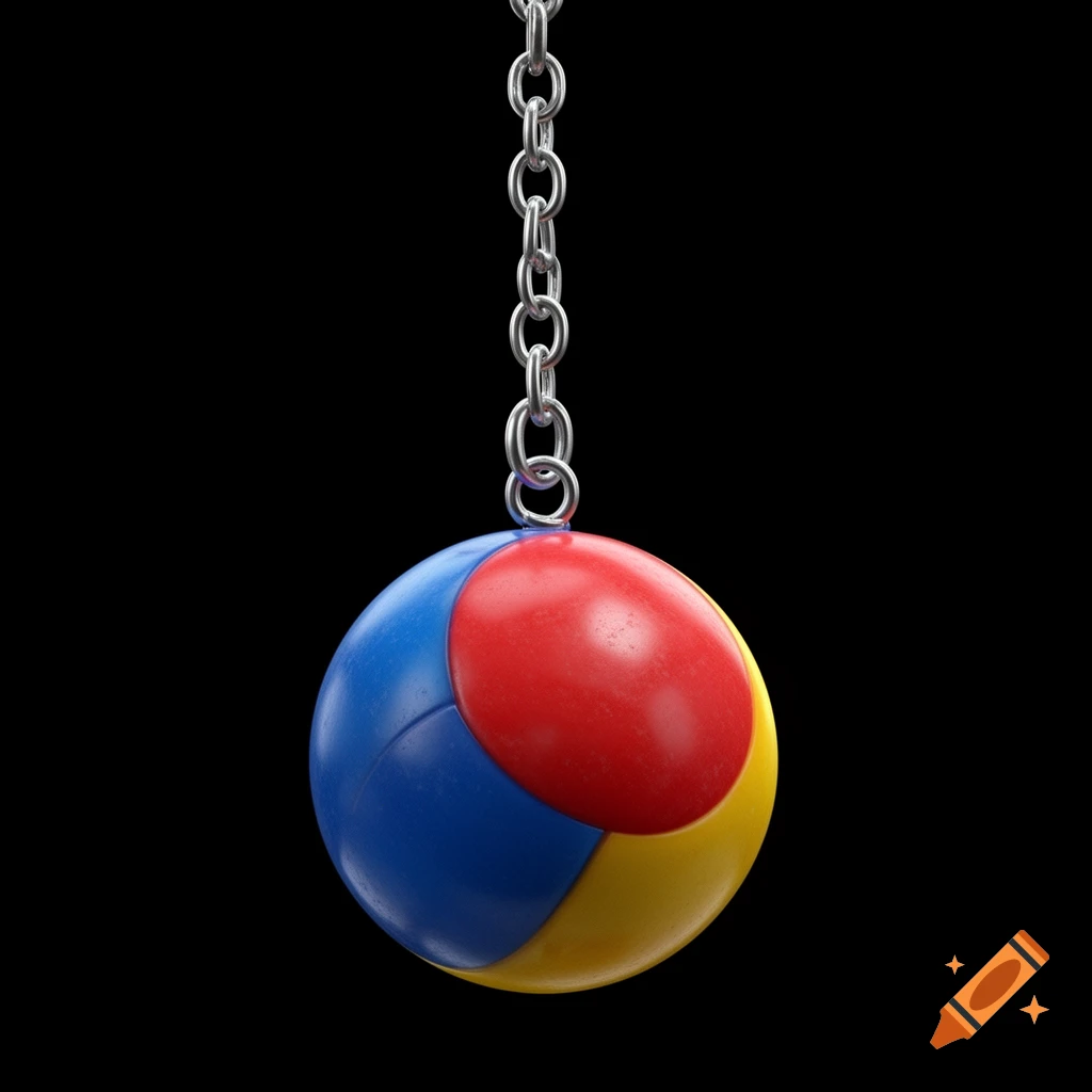 A photorealistic 3D render of a red, blue, and yellow gumball-like sphere hanging from a silver chain on a black background.