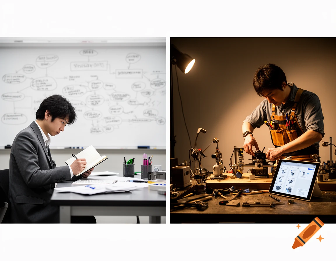 A diptych showing a man in a suit writing at a desk with a whiteboard behind him, and the same man in an apron working on machinery.