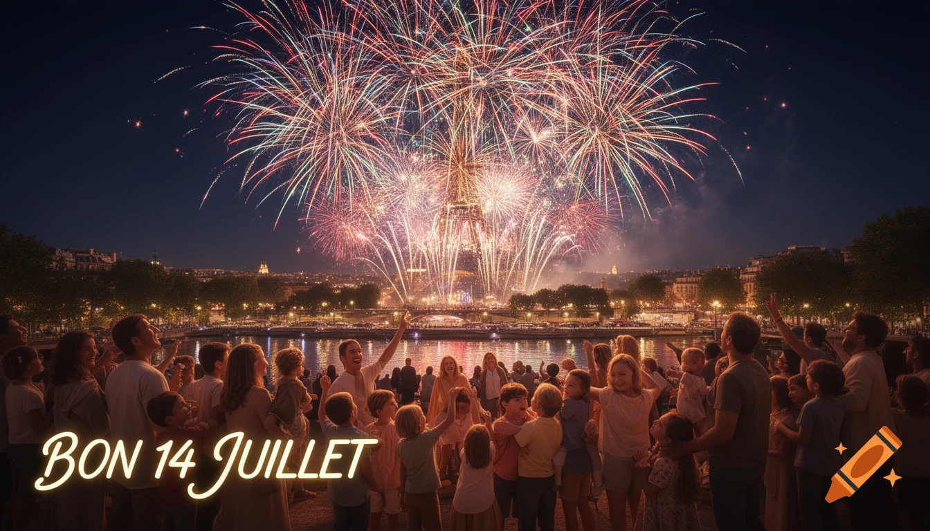 A crowd of families watches a vibrant fireworks display over the Eiffel Tower and Parisian cityscape at night, with 'BON 14 JUILLET' in the foreground.