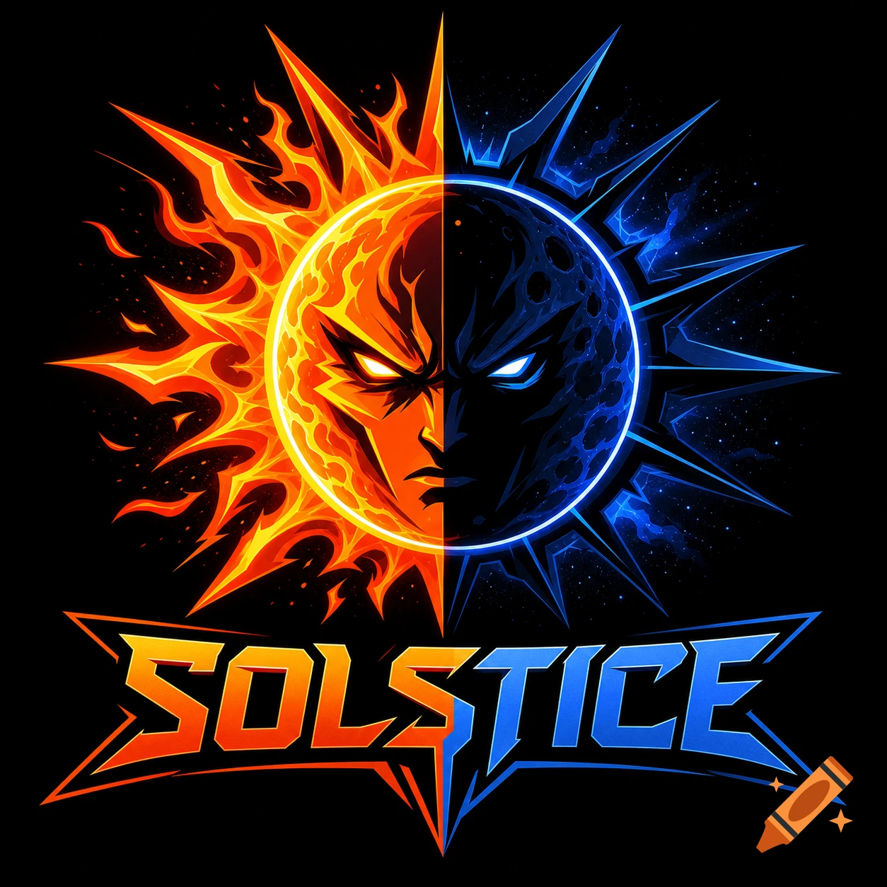 Stylized esports logo of a fierce split sun and moon face, with one half fiery orange and the other half cosmic blue, above the word SOLSTICE.