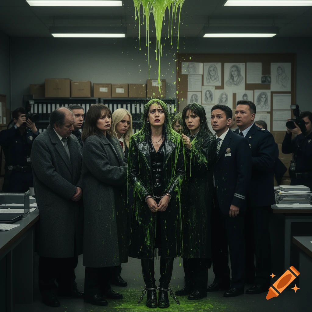 A woman covered in green slime, handcuffed and shackled, stands in a dimly lit room surrounded by police officers and other people. Photorealistic.