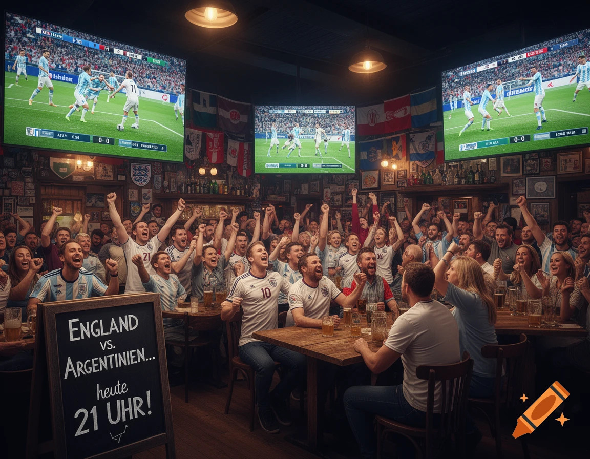 A lively crowd of fans in a dimly lit bar cheers while watching a soccer game between England and Argentina on large TV screens. A chalkboard sign reads "ENGLAND VS. ARGENTINIEN... heute 21 UHR!"