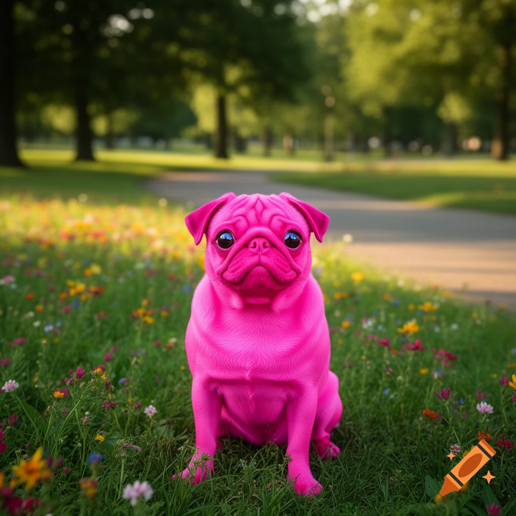 A bright pink pug dog sits in a field of green grass and colorful wildflowers in a park.