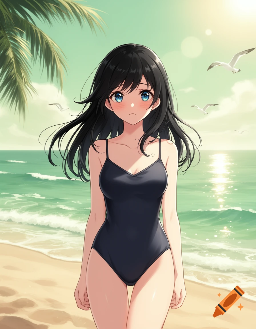 Anime woman with black hair in a black swimsuit on a sunny beach, looking embarrassed.