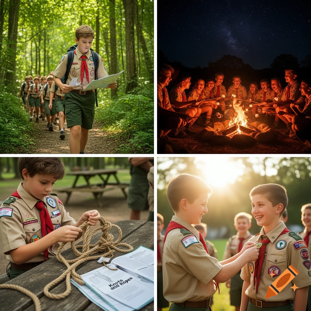 A grid of four photos showing Boy Scouts: hiking in a forest, roasting marshmallows by a campfire at night, learning to tie knots, and receiving an award outdoors.