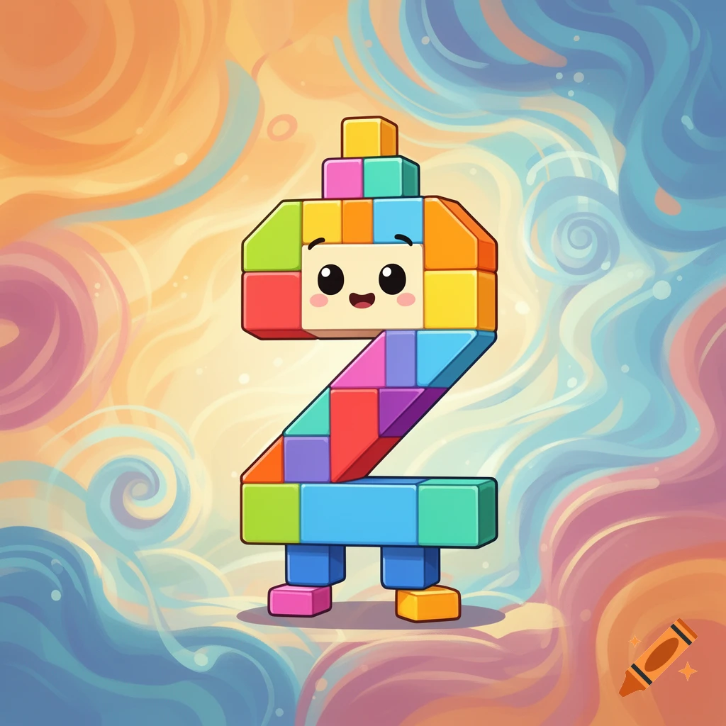 A cute, colorful cartoon illustration of a character shaped like the number 2, made of interlocking blocks, against a swirling, multi-colored background.