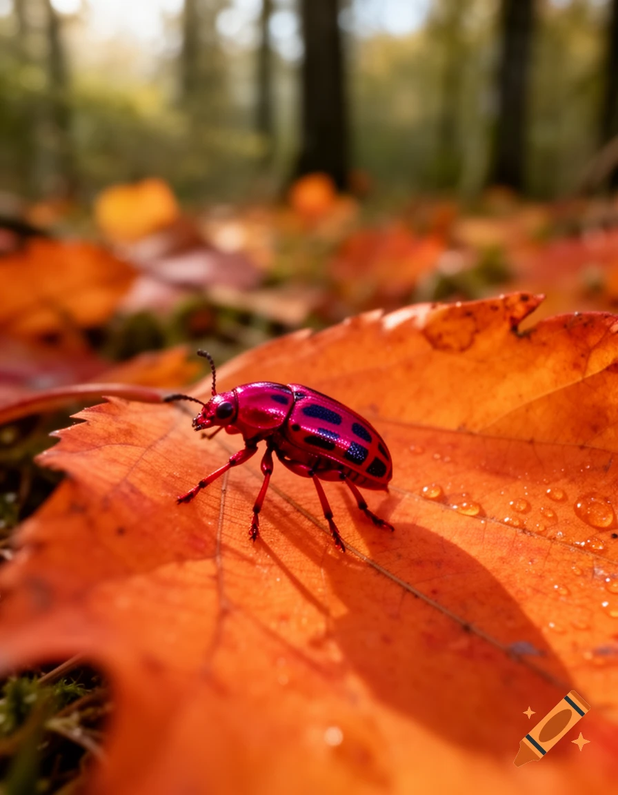A vibrant pink beetle with black spots on a large, wet orange autumn leaf, with a blurred forest in the background.