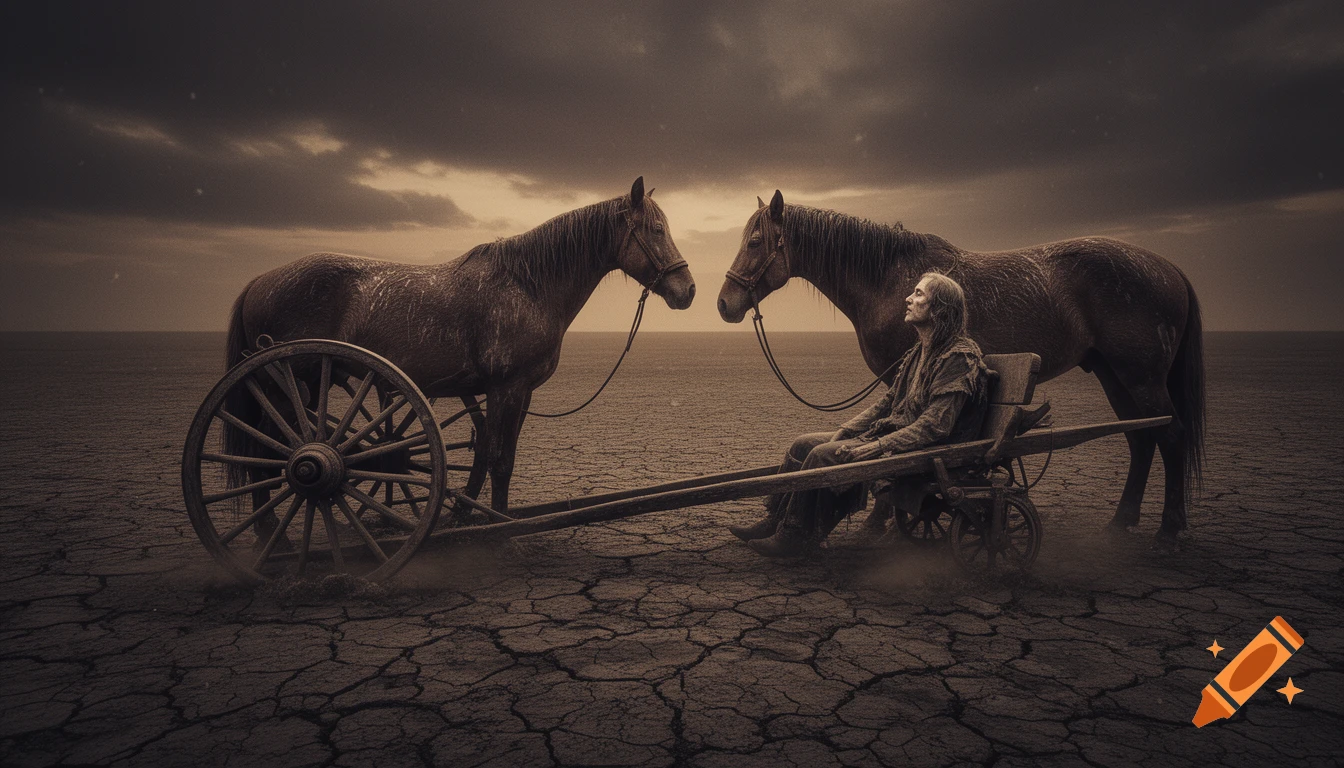 A photorealistic image of a gaunt man slumped in a wooden cart, pulled by two horses on cracked, desolate earth under a dark sky.