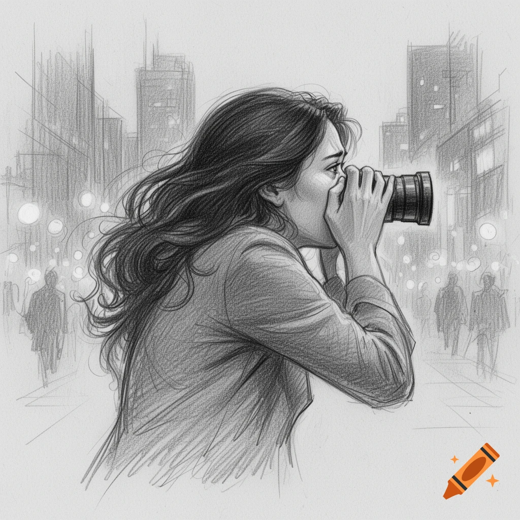 Black and white sketch of a woman with long hair holding a camera to her face in a busy city street.