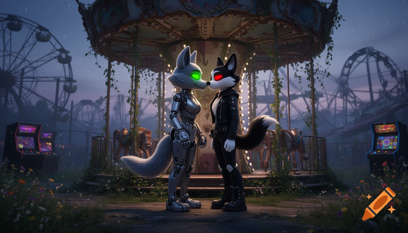 Two anthropomorphic characters, one robotic and one furry, nose-to-nose in a rainy, abandoned amusement park at dusk.