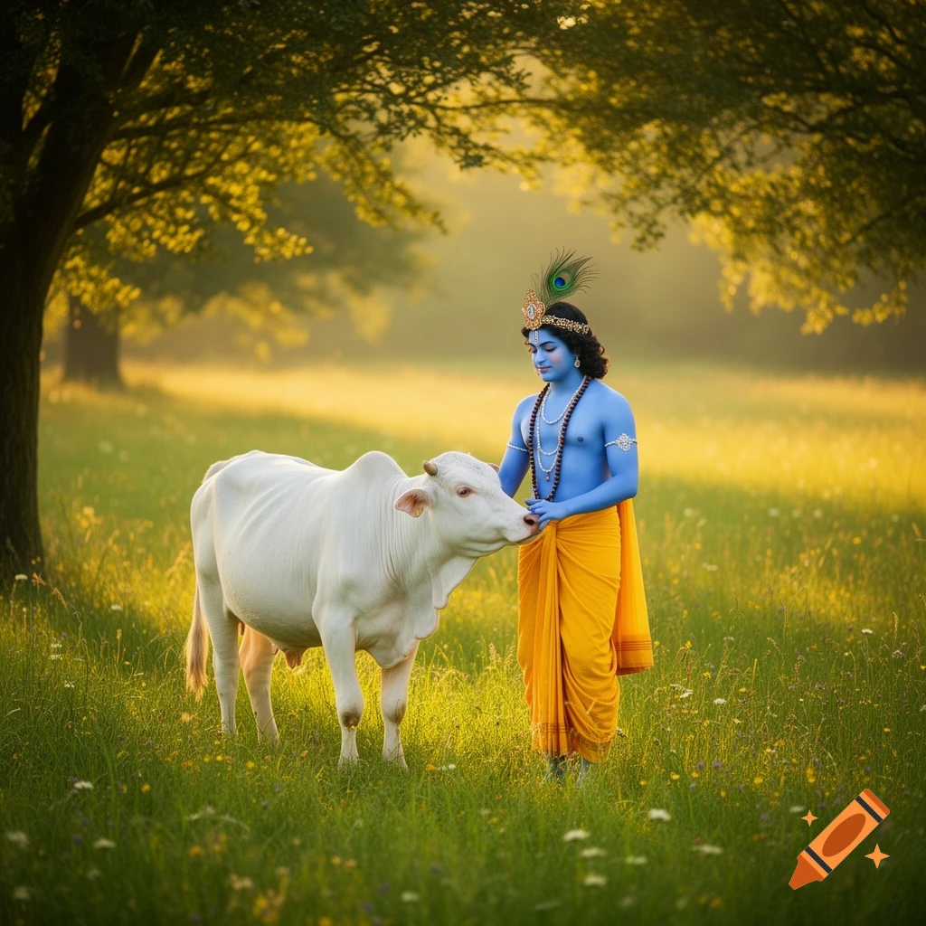 Blue-skinned Krishna with a peacock feather crown, standing beside a white cow in a sunlit grassy field with trees.