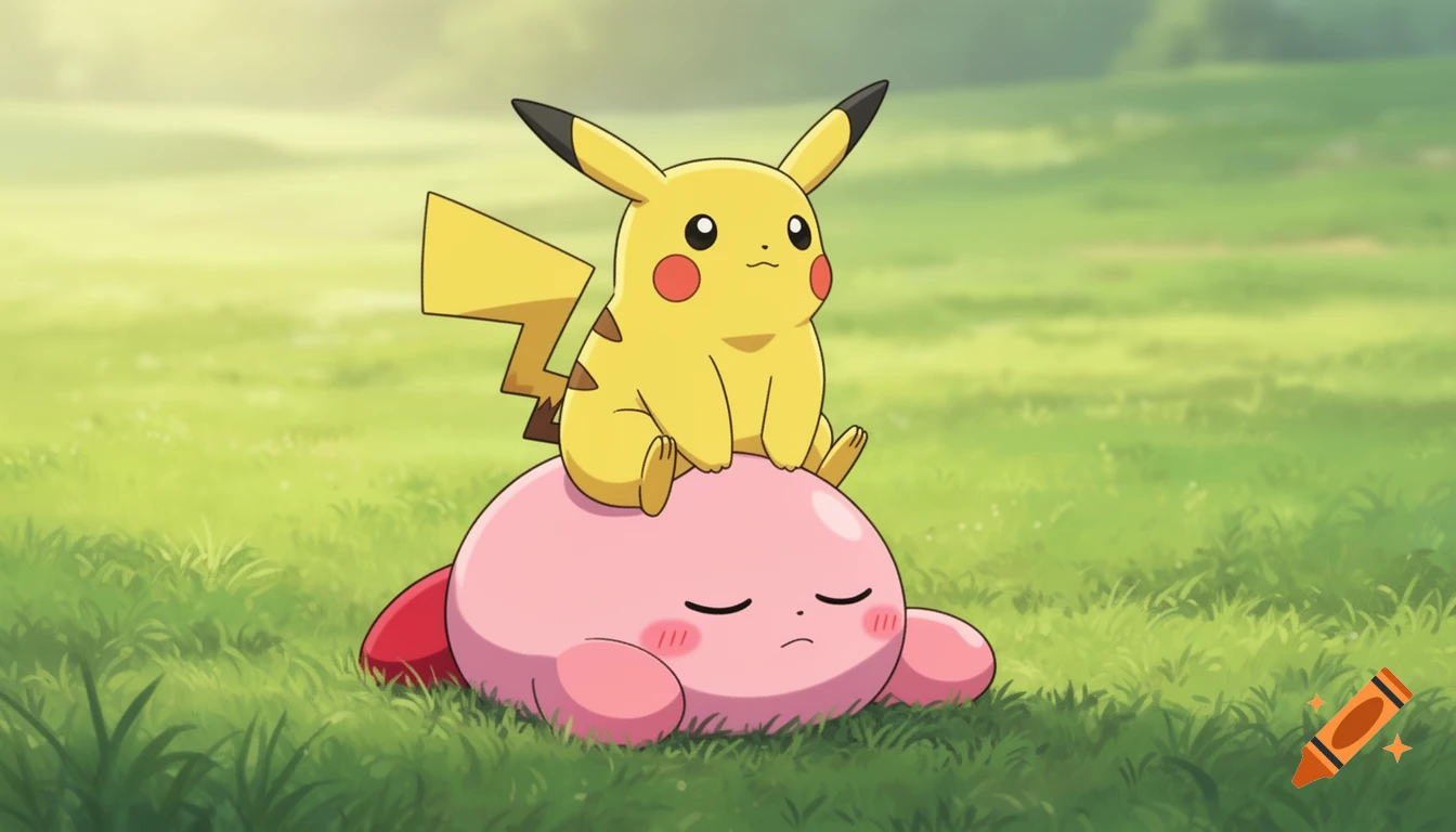 Pikachu sits on a sleeping Kirby in a vibrant green grassy field, drawn in an anime style.