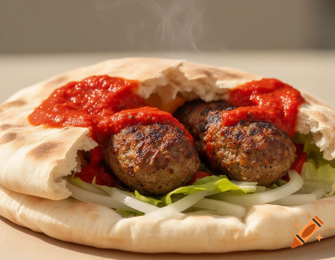 Two grilled cevapi sausages in a split pita bread, topped with vibrant red sauce, crisp lettuce, and white onions, with steam rising.